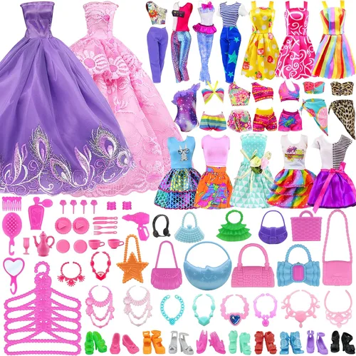 Miniatura 3 de ZITA ELEMENT Armario de muñecas de 11.5 pulgadas con ropa y accesorios, juego de 101 piezas, incluye armario, maleta, vestidos, trajes de baño