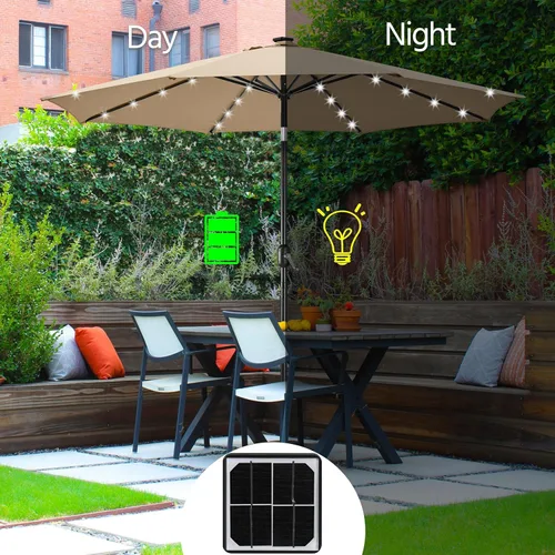 Miniatura 7 de Yaheetech Sombrilla de patio con energía solar de 10 pies, sombrilla de mesa de mercado con protección UV con 32 luces LED y botón de inclinación