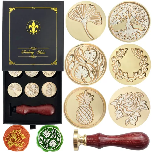 Miniatura 9 de Juego de caja de regalo de sellos de cera, 6 sellos de cera de sellado, sellos de cobre, 1 empuñadura de madera, kit de sellos de cera para sobres