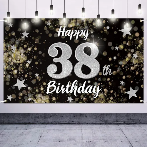Miniatura 34 de Decoración de feliz cumpleaños 37, cartel grande de fondo de cumpleaños de 37 años con estrella de ensueño negro y plateado – Decoración de fiesta