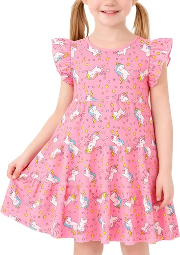 Miniatura 19 de Vestido casual para niñas, de algodón suave, manga corta, transpirable, acampanado, para adolescentes, talla 2T, 3T, 4T, 5, 6, 7, 8, 9, 10, 12, 13