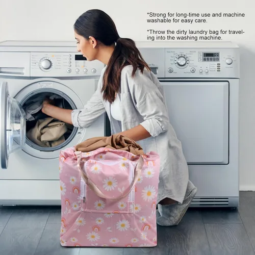 Miniatura 5 de Paquete de 2 bolsas de lavandería de viaje con asa y cordón, bolsas plegables expandibles para ropa sucia con gancho y cremallera, 23 x 20 pulgadas
