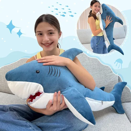 Miniatura 6 de MorisMos Peluche de tiburón gigante de 39 pulgadas, almohada grande de peluche de tiburón para niños, novia, color azul Tiburón azul 39