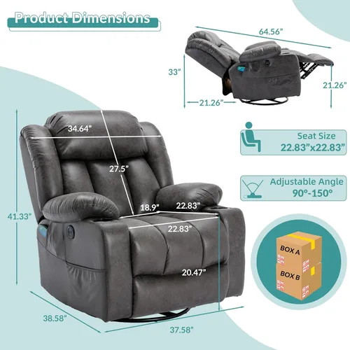 Miniatura 2 de MEETWARM Massage Swivel Rocker Recliner with Heat and Vibration, Manual Glider Rocking Recliner Chair, 360°Swivel Lounge Reclining Chair with Cup