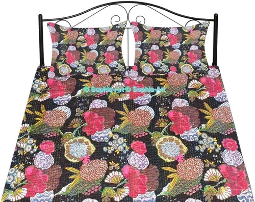 Miniatura 42 de Sophia-Art Colcha reversible de frutas indias para cama individual/king con patrón Gudri de algodón puro estilo Kantha, colcha decorativa con Rosa