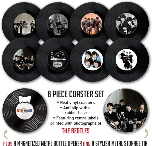 Miniatura 2 de Juego de 8 posavasos de vinilo de The Beatles con abridor magnético de botellas, bonitos posavasos de música, regalos de bar para hombres y mujeres