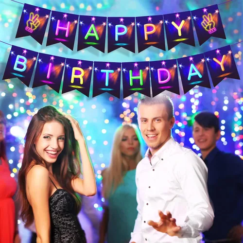 Miniatura 5 de Cartel de feliz cumpleaños brillante, decoración de fiesta brillante, letras que brillan en la oscuridad, suministros de fiesta temática para niños