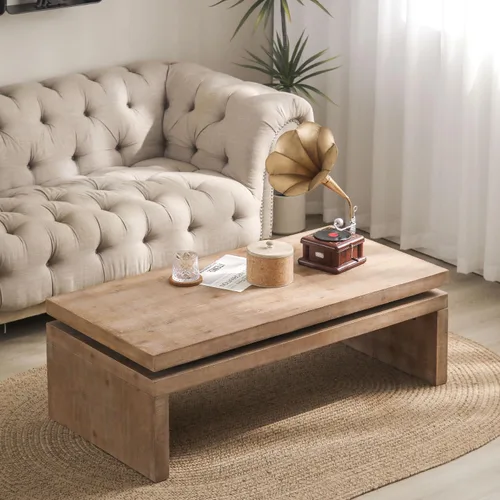 Miniatura 10 de Mesa de centro de madera, 39.37 pulgadas, cuadrada de mediados de siglo, mesa central de madera moderna de madera de fibropanel de densidad media