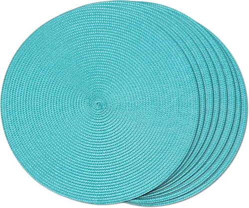 FunWheat Juego de 8 manteles individuales redondos trenzados para mesa de comedor, tejidos, lavables, antideslizantes, 15 pulgadas (turquesa, 8