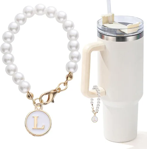 Miniatura 142 de Encanto de letra para Copa Stanley, accesorios de cadena de perlas, encantos de iniciales de Copa Stanley para asa, decoración de botella de agua