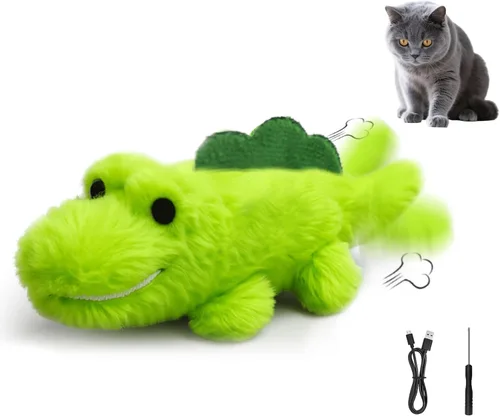 Miniatura 8 de Juguetes interactivos para gatos de interior – Juguete de caza de cocodrilo con carga automática con movimiento de 360°, cola meneante y hierba