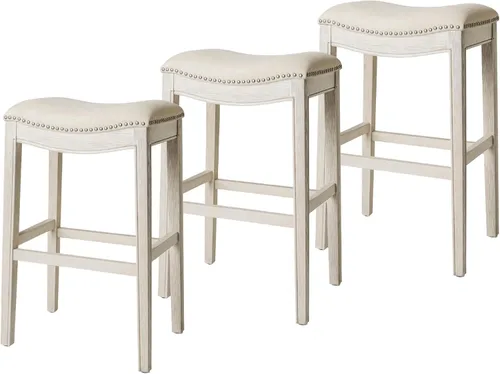 Miniatura 13 de Maven Lane Adrien Taburete de bar sin espalda, asiento de silla de montar de 31 pulgadas con reposapiés, marco de madera maciza gris y tapicería