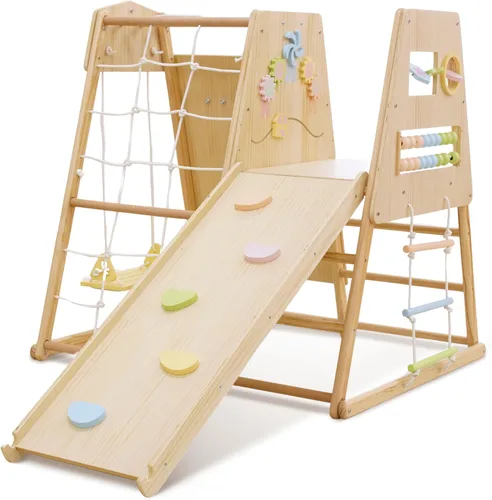 Avenlur Cherry - Escalador de madera 5 en 1 para interiores, gimnasio Montessori para niños pequeños con tobogán, pared de roca, escalera de cuerda,