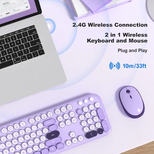 Miniatura 188 de KNOWSQT Combo de teclado y ratón inalámbrico, teclados lindos de tamaño completo estilo máquina de escribir 2.4G azul colorido - receptor USB Plug