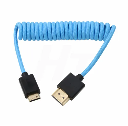 4K 60p 8K UHD Mini HDMI - Cable HDMI en espiral azul trenzado para Nikon D750 Sony Canon EOS R RP 5DIV ATOMOS Ninja V Portkeys Video Assist Monitor