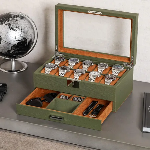 Miniatura 2 de ROTHWELL Caja de reloj de 10 ranuras en cuero con cajón de valet organizador de exhibición de lujo con forro de microgamuza ultrasuave soporte