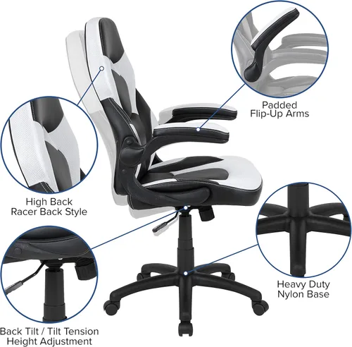 Miniatura 3 de Flash Furniture - Juego de escritorio para juegos y sillas reclinables de color blanco y negro con soporte para taza y gancho para auriculares.