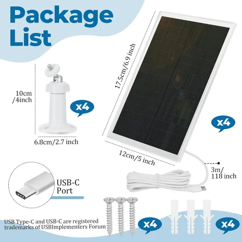 Miniatura 4 de Kanayu Paquete de 4 paneles solares para cargador de cámara de seguridad compatible con cámara de batería recargable 5 V 6 W, panel solar USB