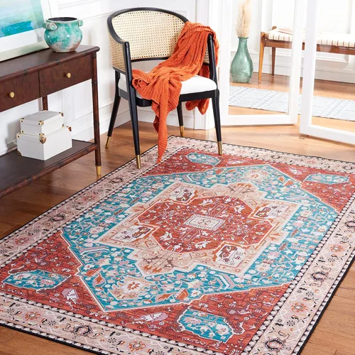 Miniatura 9 de SAFAVIEH Tucson Collection - Alfombra lavable de 2 pies 6 x 8 pies, color aguamarina y al óxido, antideslizante, ideal para zonas de alto tráfico