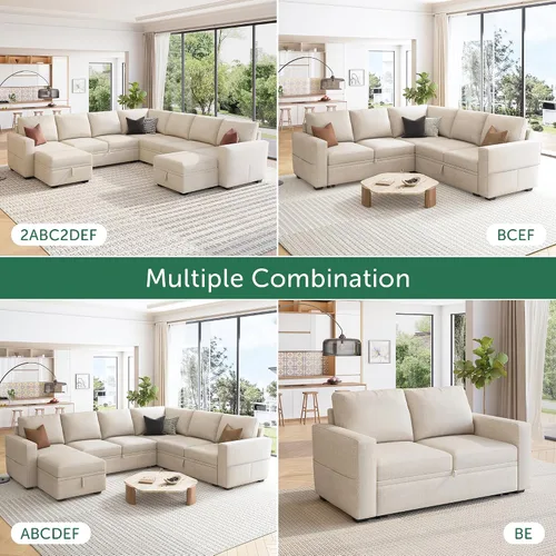 Miniatura 4 de HONBAY Sofá seccional modular con cama extraíble, sofá cama con forma de U extraíble con secciones de almacenamiento para sala de estar - Beige