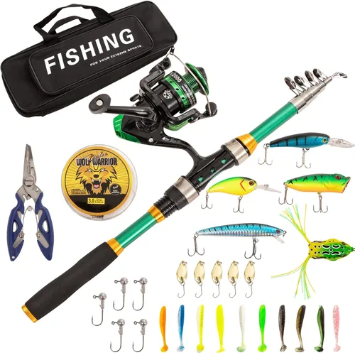 I00000 Combos de caña de pescar y carrete con caña de pescar telescópica de fibra de vidrio, bolsa de transporte de pesca de carrete giratorio, kit