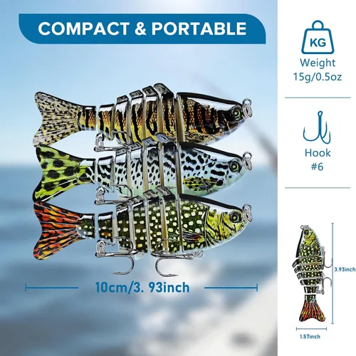 Miniatura 7 de Señuelos de pesca, kits de pesca de peces multiarticulados, hundimiento lento, cebos de agua dulce y salada, cebos de agua dulce y salada para 3