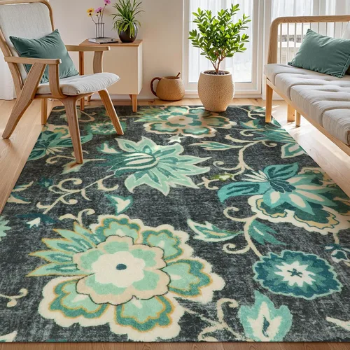 Miniatura 62 de Lahome - Tapete floral con estampado de cachemira, lavable, antideslizante, pequeño, anti-manchas, suave, para baño, entrada, dormitorio, Negro