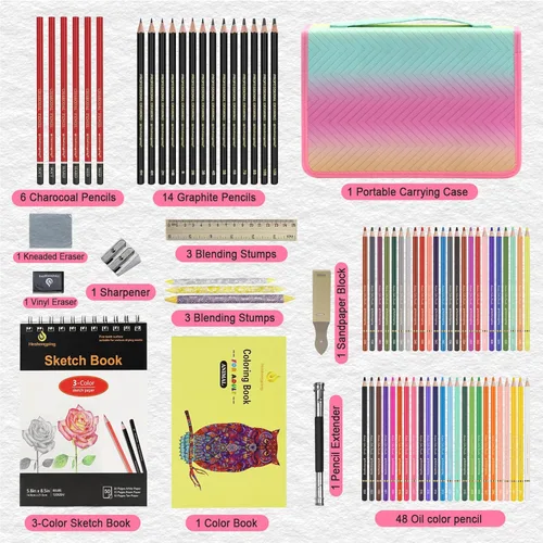 Miniatura 7 de Juego de 80 piezas de kit de dibujo, set de bocetos, suministros de arte, lápices de color, kit de 48 lápices de color, 14 de grafito, 6 de carbón