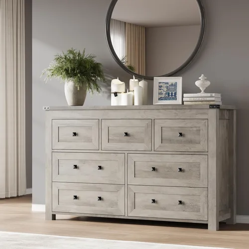 Miniatura 15 de BORNOON Cómoda de 9 cajones, moderna cómoda de almacenamiento de madera, soporte de TV, organizador de cajones de madera con asas de metal