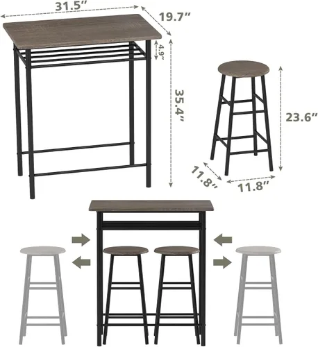 Miniatura 7 de Weehom Mesa de bar con 2 taburetes de bar, juego de mesa de comedor de pub, mesa de altura de encimera de cocina con sillas de bar, juego de mesa