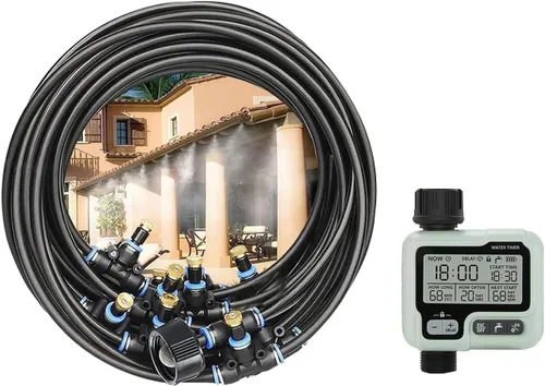 Sistema de enfriamiento de nebulización de agua para exteriores, 50 pies, 49.2 ft, rociadores automáticos para patio exterior, con kit de manguera