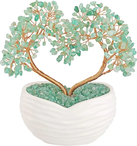 GEHECRST Árbol de aventurina verde con cristales curativos de corazón, árbol de dinero, piedras preciosas de reiki, árboles bonsái de cuarzo, adorno