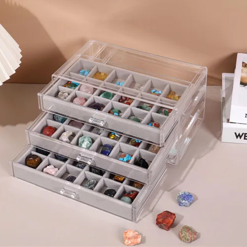 Miniatura 3 de Estuche de exhibición de colección de rocas acrílico CLUQMEIK con 54 compartimentos de almacenamiento de rejilla Estuche de exhibición