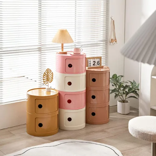 Miniatura 5 de Mesita de noche redonda de plástico de 2/3/4 niveles, mueble de almacenamiento con cajones y puerta corredera, armario de noche moderno nórdico