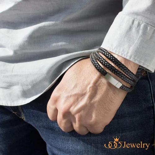 Miniatura 2 de 555Jewelry Pulsera de cierre magnético de cordón de cuero trenzado de acero inoxidable, Metal