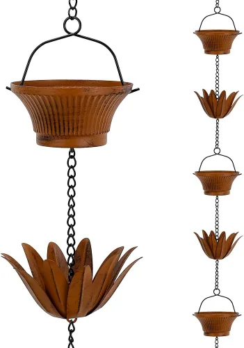 Miniatura 18 de Cadena de lluvia cuadrada, cadenas negras para canalones de 10 pies con 12 copas, cadena captadora de lluvia ajustable con campana para drenaje
