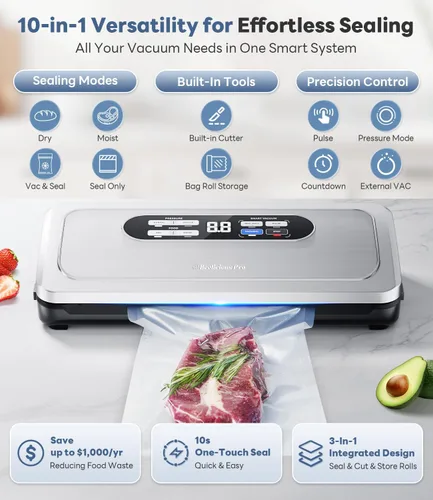 Miniatura 3 de Máquina selladora al vacío con sistema AirLock ProSeal, sellador al vacío 10 en 1 para alimentos, modos de sellado húmedo/seco, diseño compacto