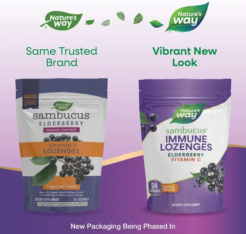 Miniatura 3 de Nature's Way Sambucus - Pastillas inmunológicas con vitamina C de alta potencia, saúco, 24 pastillas con sabor tropical (el embalaje puede variar)