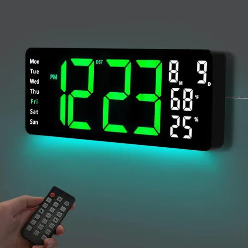 Miniatura 9 de Reloj de pared digital de 17.5 pulgadas, pantalla LED con hora, fecha, mes, temperatura y humedad, control remoto DST, alarma, temporizador, brillo