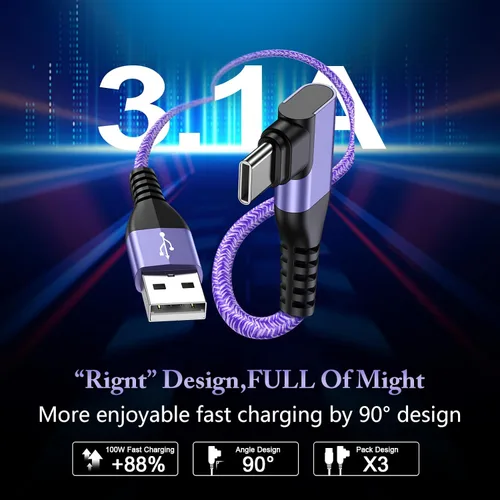 Miniatura 2 de Cable USB tipo C de 6 pies, 3 unidades de cable de carga rápida en ángulo recto, cable de carga USB C de 3.1 A para iPhone 17 16 15 Samsung Galaxy