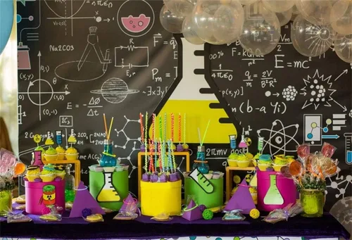 Miniatura 10 de AOFOTO Telones de fondo creativos de 6 x 4 pies para fotos, química, pizarra, tubos de ensayo, globos, pasteles, dulces, fotografía, fondo de niño