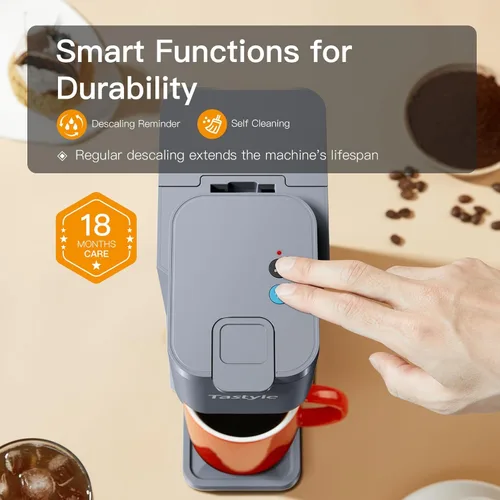 Miniatura 7 de Tastyle Mini Cafetera de Café Caliente y Helado de Una Sola Porción, para Cápsulas K y Molida, Tamaños de Preparación de 6 a 14 Onzas, con Libro