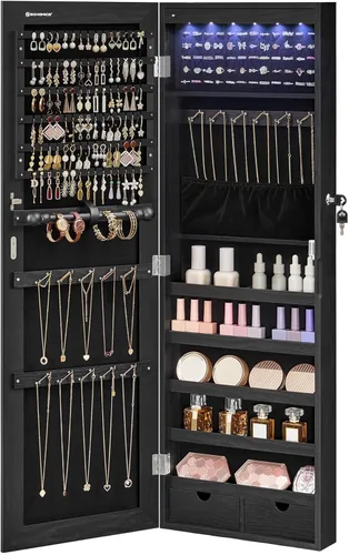 Miniatura 17 de SONGMICS Gabinete colgante de joyería, gabinete de pared con luces interiores LED, organizador de joyas montado en la puerta, espejo de cuerpo Blanco