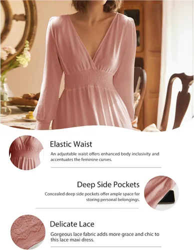 Miniatura 72 de Vestido largo de encaje para mujer de manga corta y cuello en V, vestido de fiesta estilo bohemio con cintura fruncida, vestido bohemio para mujer