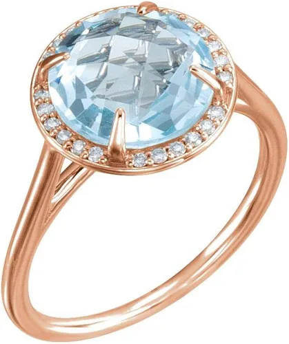 Anillo de oro rosa sólido de 14 quilates con topacio azul cielo y diamante de 18 quilates de ajuste cómodo (0,13 quilates) (ancho 0.504in)