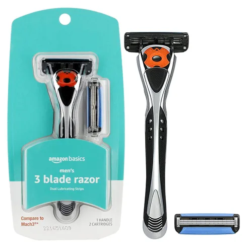 Amazon Basics - Maquinilla de afeitar de 3 cuchillas MotionSphere para hombre con lubricación dual, mango y 2 cartuchos (los cartuchos solo se
