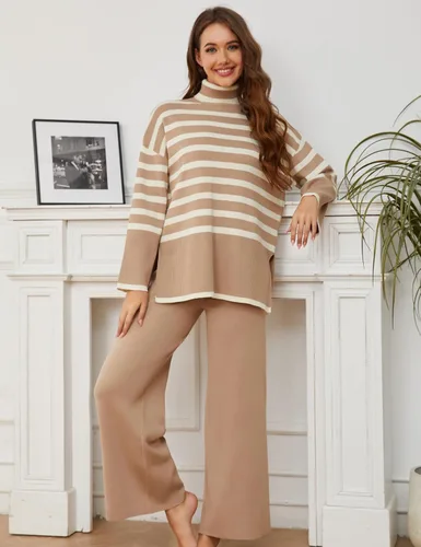 Miniatura 5 de Tanming Conjuntos de suéter para mujer, manga larga, a rayas, informal, de punto, pantalones de pierna ancha