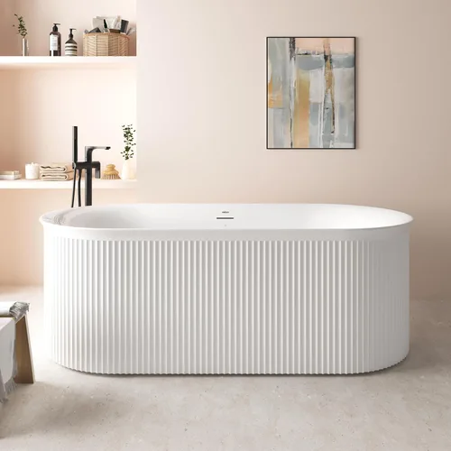 Miniatura 50 de FerdY 59" Bañera de acrílico independiente Bali Elite, bañera independiente de inmersión con forma elegante, certificada cUPC, desagüe negro Toe-Tap