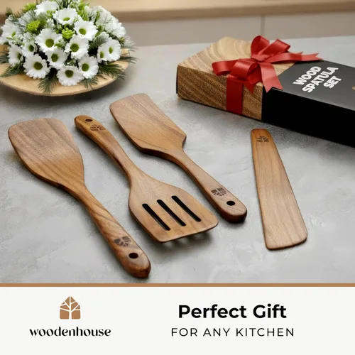 Miniatura 8 de Espátula de madera para cocinar, espátulas de teca para uso en la cocina, utensilios de cocina de madera, juego de 4 incluyendo pala, espátula