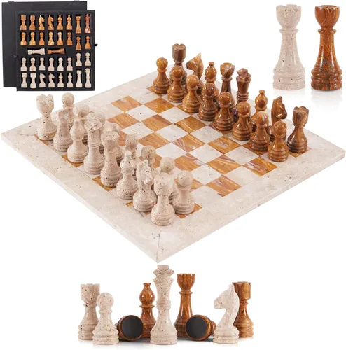 Miniatura 8 de Juego de ajedrez de mármol para adultos de 15 pulgadas, hecho a mano, juegos de ajedrez negro y travertino con caja de almacenamiento, juego